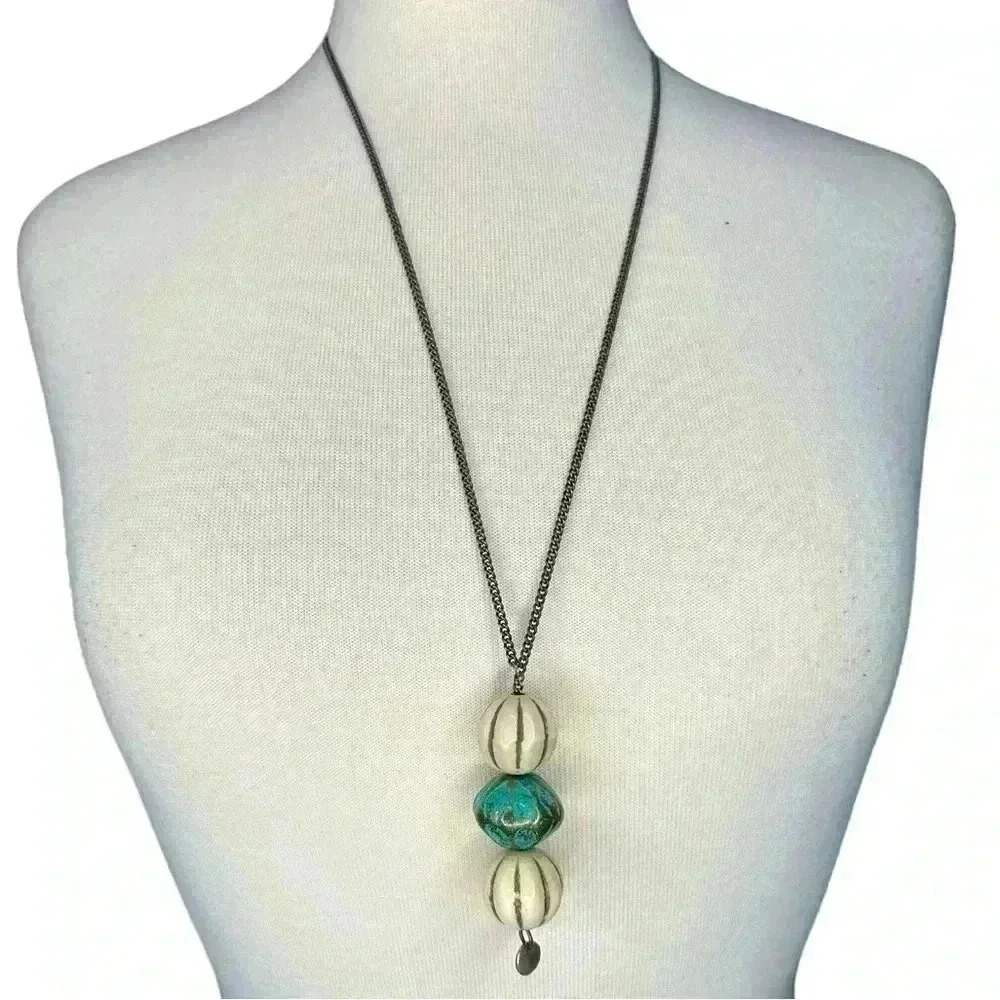 Beaded sweater necklace blue white and gold - Picture 1 of 2